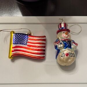 Patriotic Snowman and Flag Ornament Set